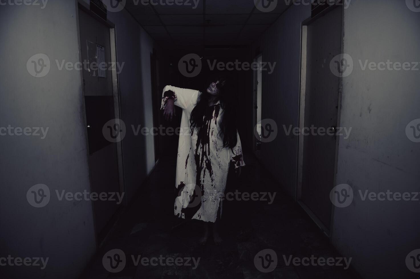 Portrait of asian woman make up ghost,Scary horror scene for background,Halloween festival concept,Ghost movies poster,angry spirit in the apartment photo