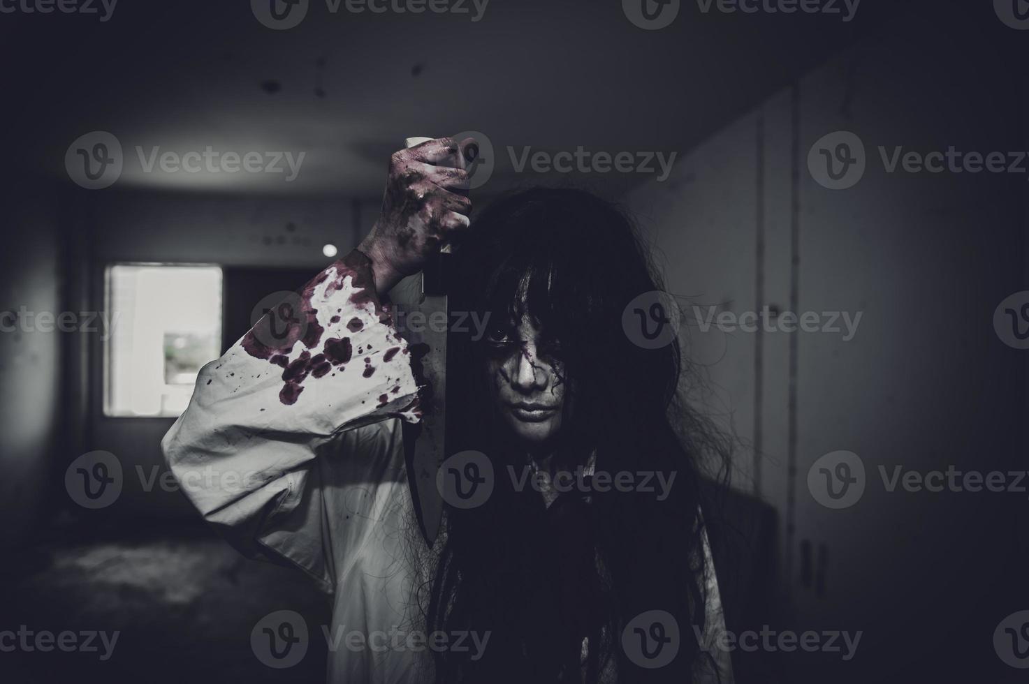 Portrait of asian woman make up ghost,Scary horror scene for background,Halloween festival concept,Ghost movies poster,angry spirit in the apartment photo