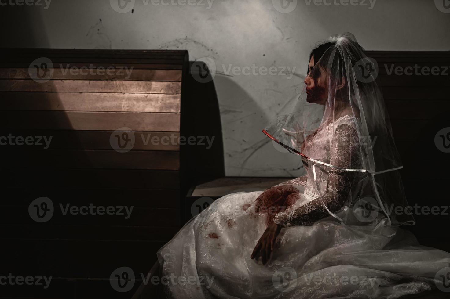 Halloween festival concept,Asian woman makeup ghost face,Bride zombie charactor,Horror movie wallpaper or poster photo