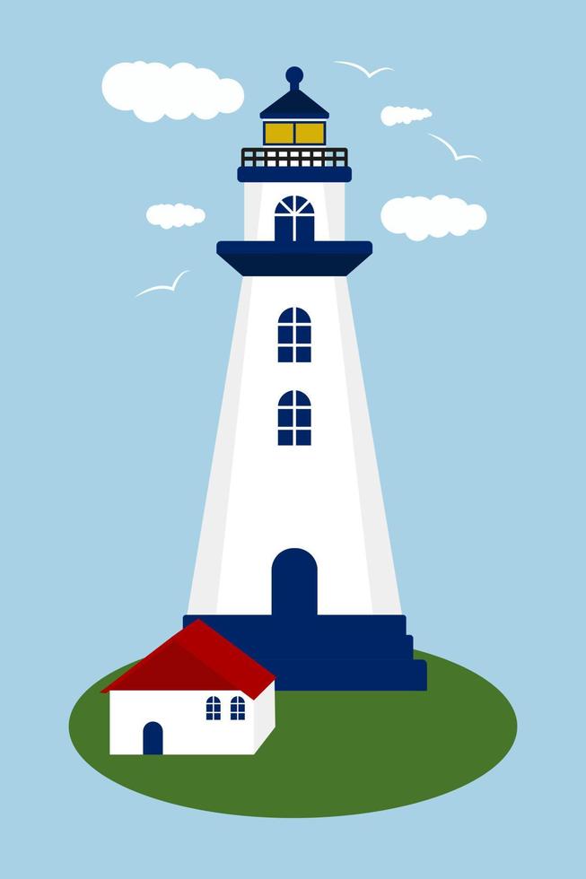 Lighthouse with a house, clouds, seagulls against the sky. Nautical concept for the design of books, posters, brochures, flyer, poster, postcard. vector