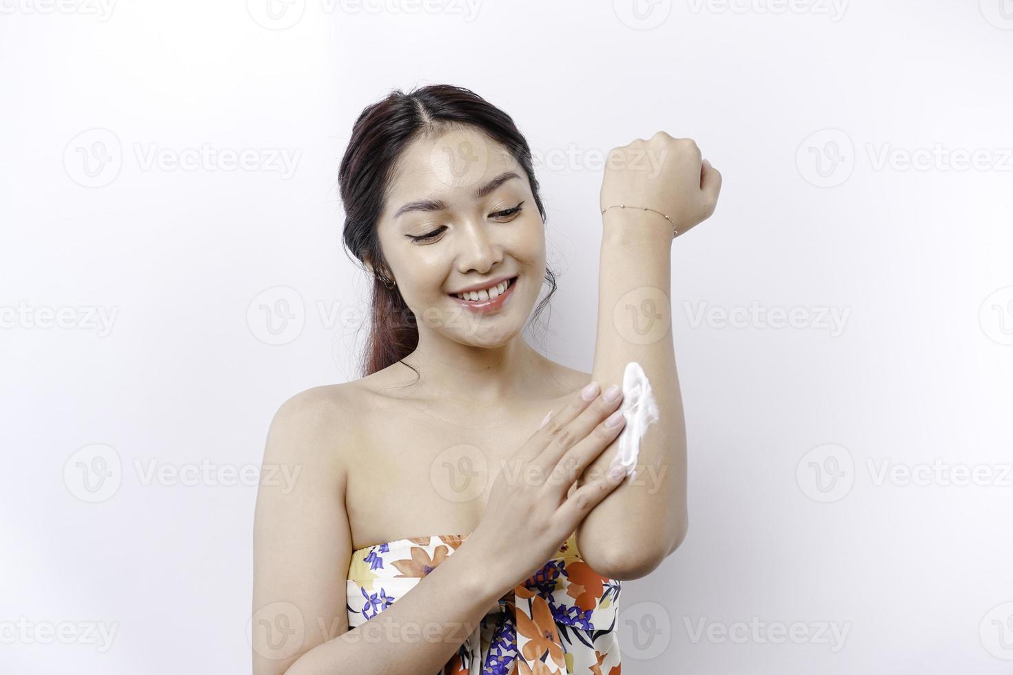 Skin Care Products Concept Asian Woman Applying Moisturizing Lotion On Body After Shower