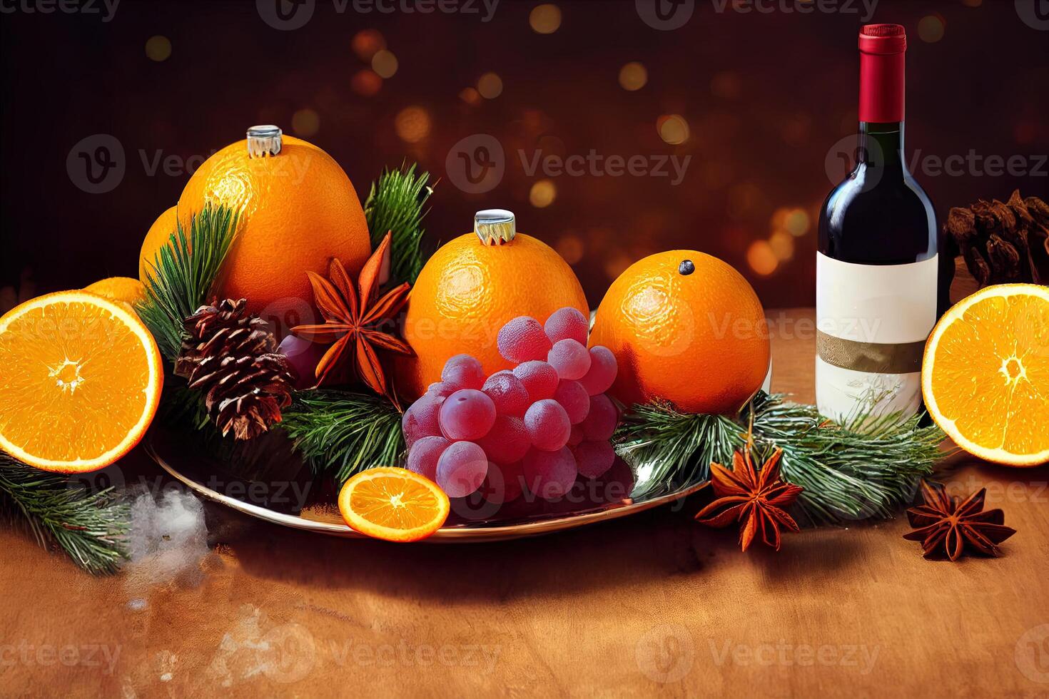ilustración de Navidad vino con naranjas y especias foto