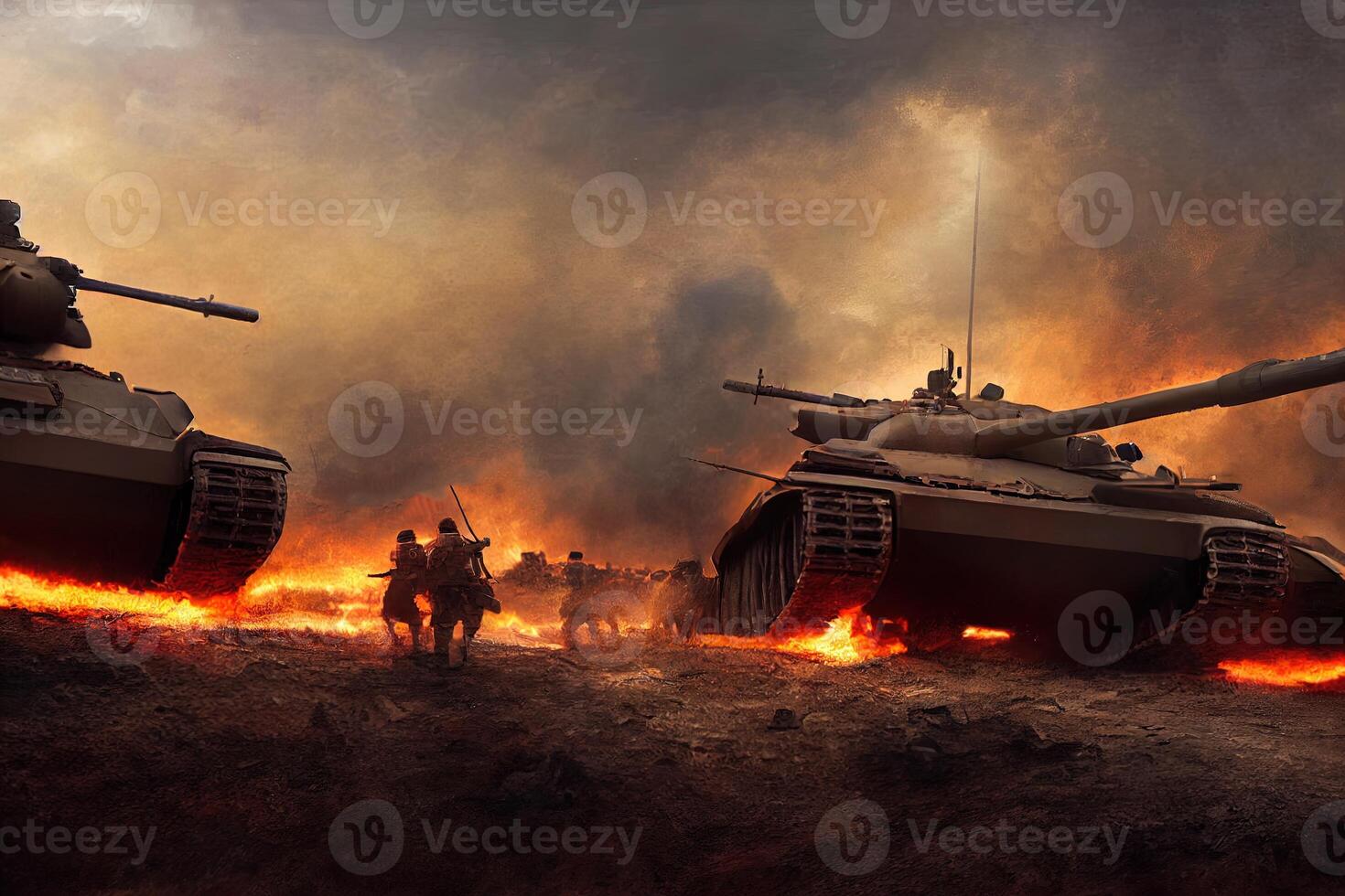 illustration of a battlefield in war with tanks photo