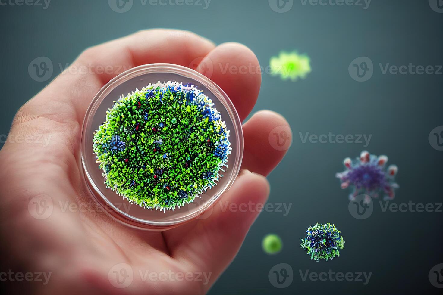 illustration hand holding petri dish with bacteria culture photo