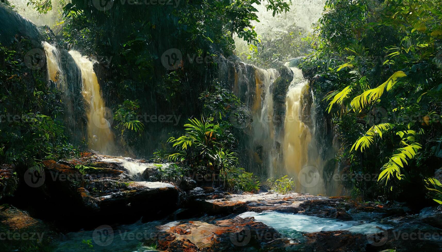 illustration of a waterfall in jungle in long time shot photo