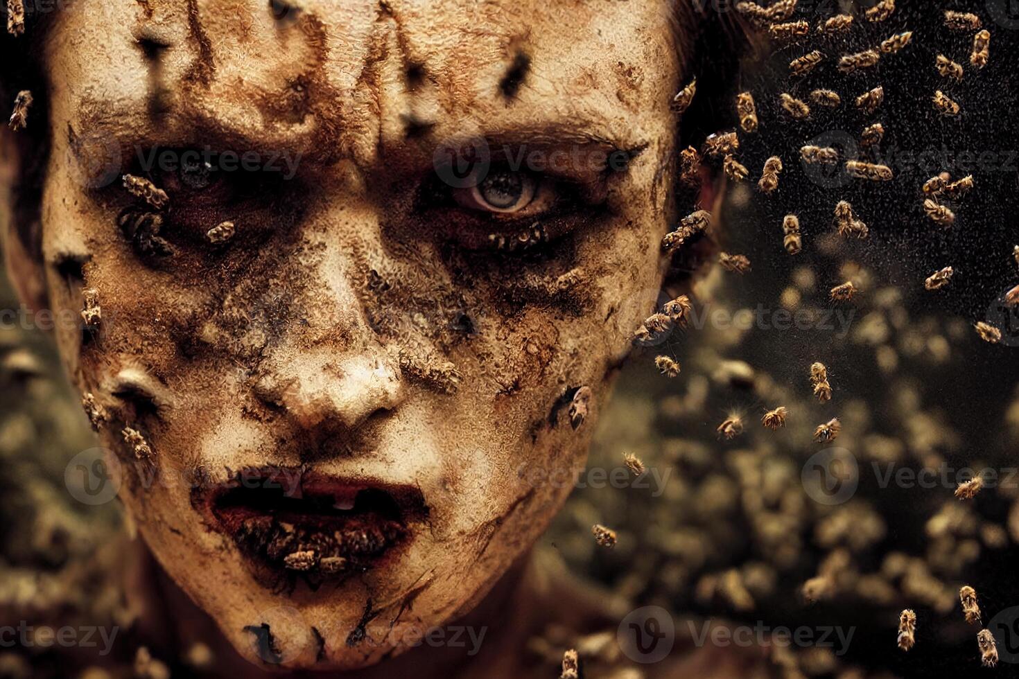 illustration of a creepy zombie with a swarm of bees photo