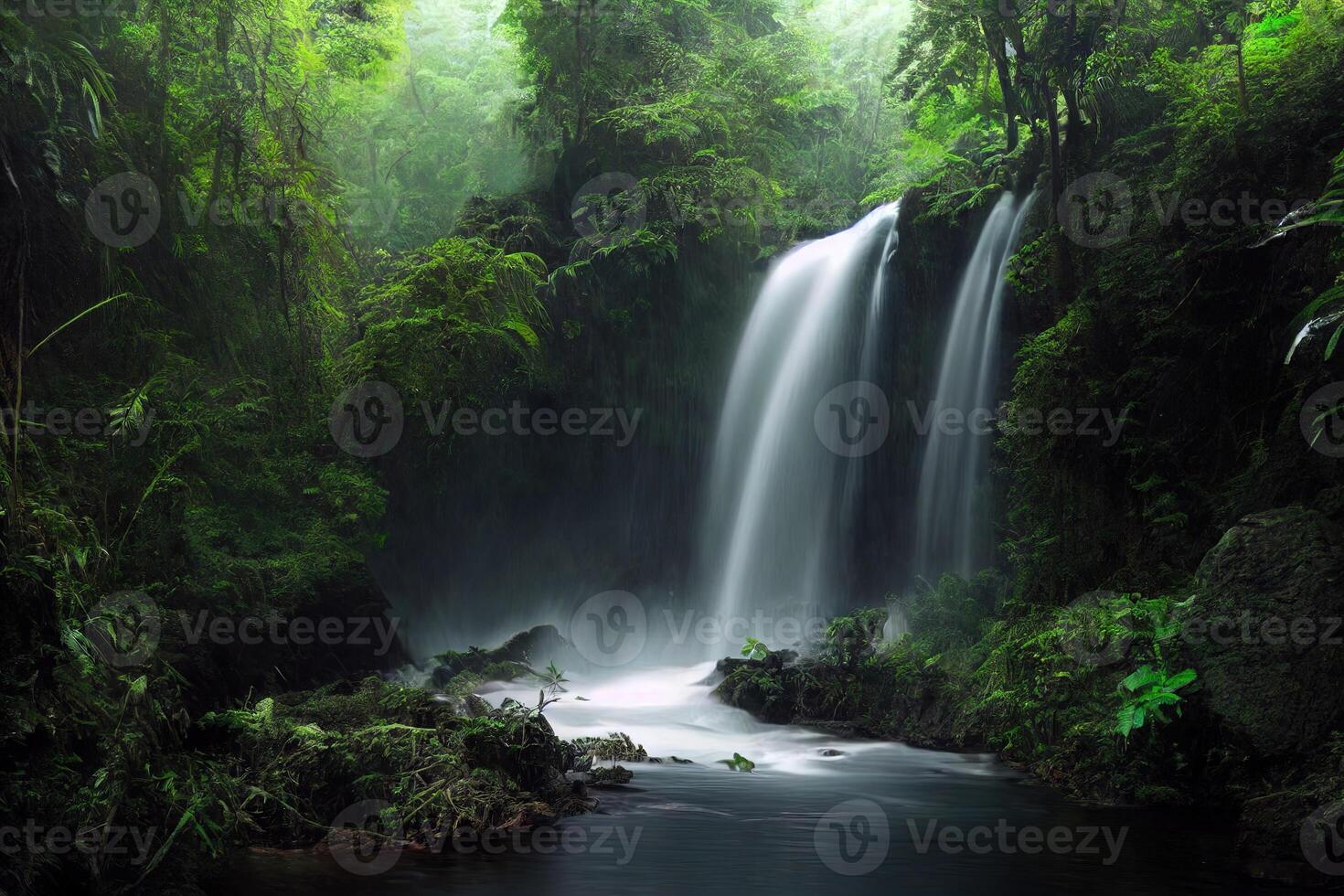 illustration of a waterfall in jungle in long time shot photo