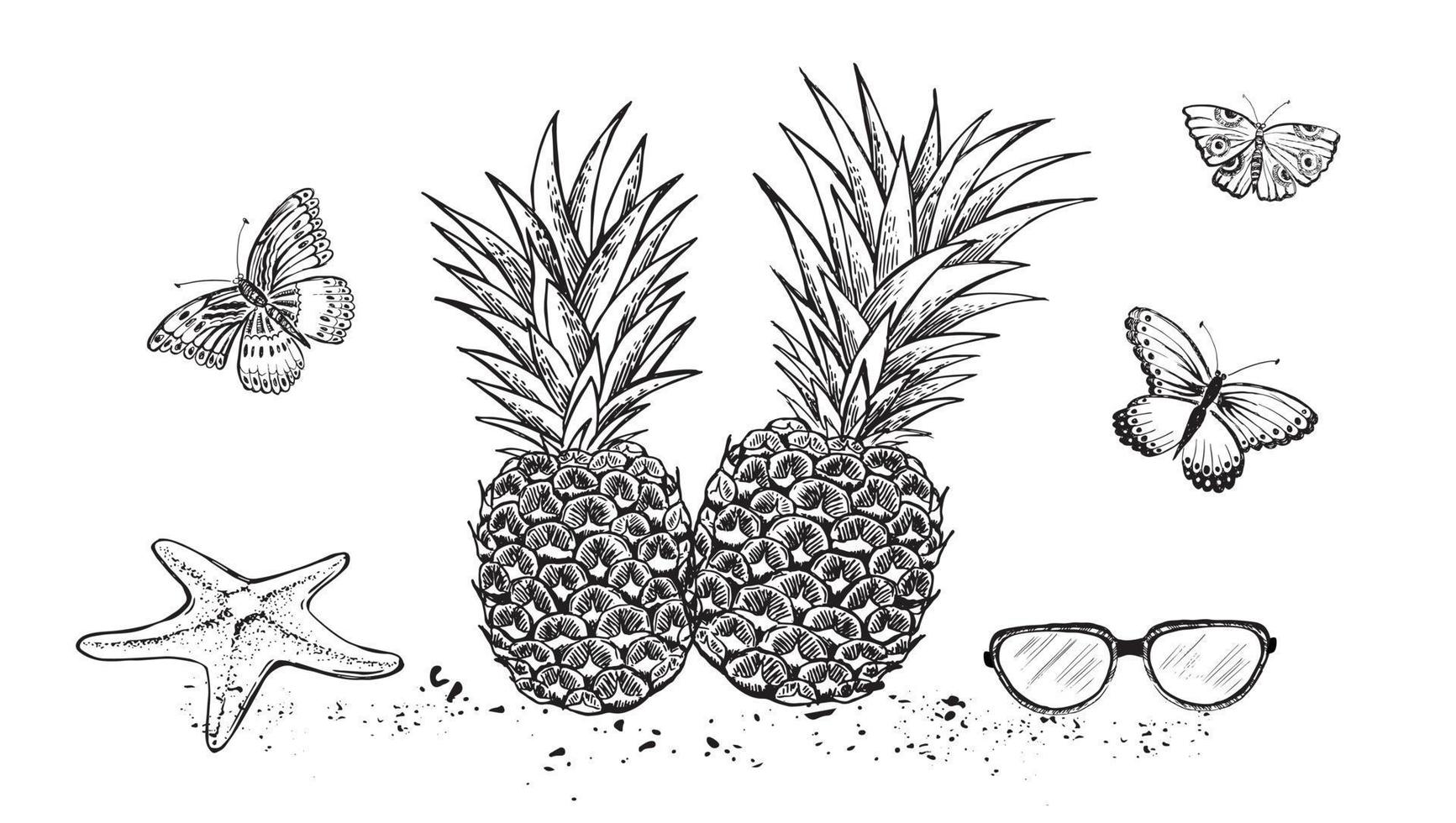 Hello PARTY,  glasses, pineapple. Hand drawn illustration. vector