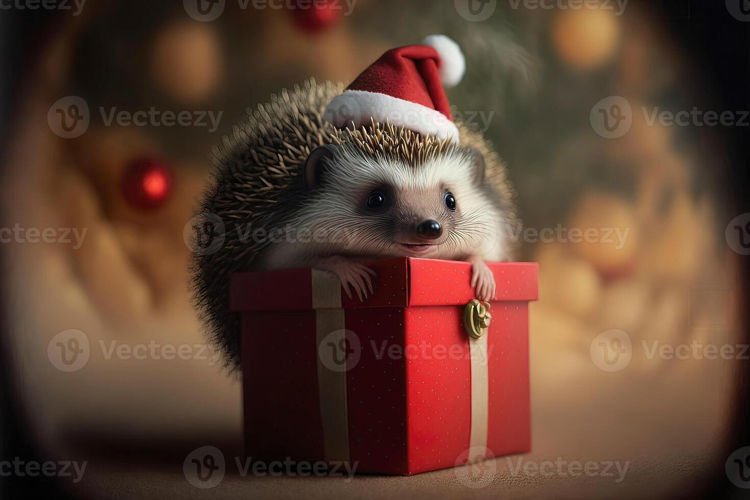 Tiny cute little hedgehog wearing a Santa hat and holding a gift box. photo