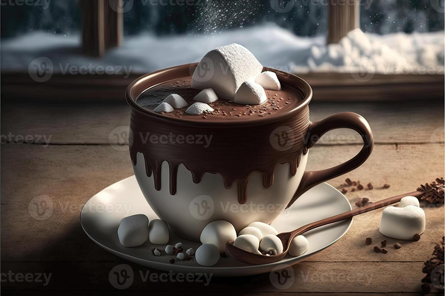 caliente chocolate con malvavisco en taza en invierno temporada antecedentes. ai generado foto
