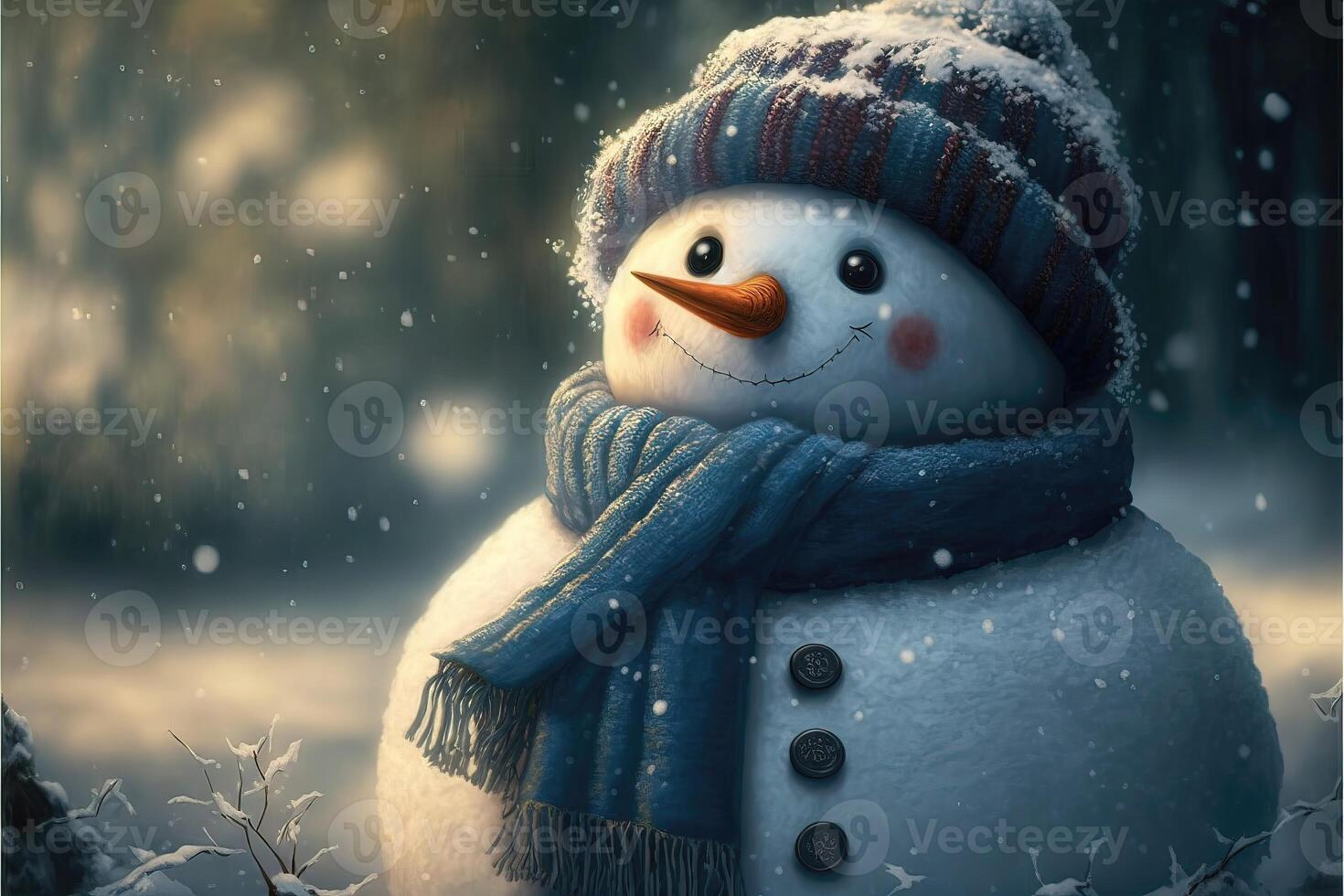 Happy snowman wearing knit hat and knitted scarf in the winter snow at sunrise. photo