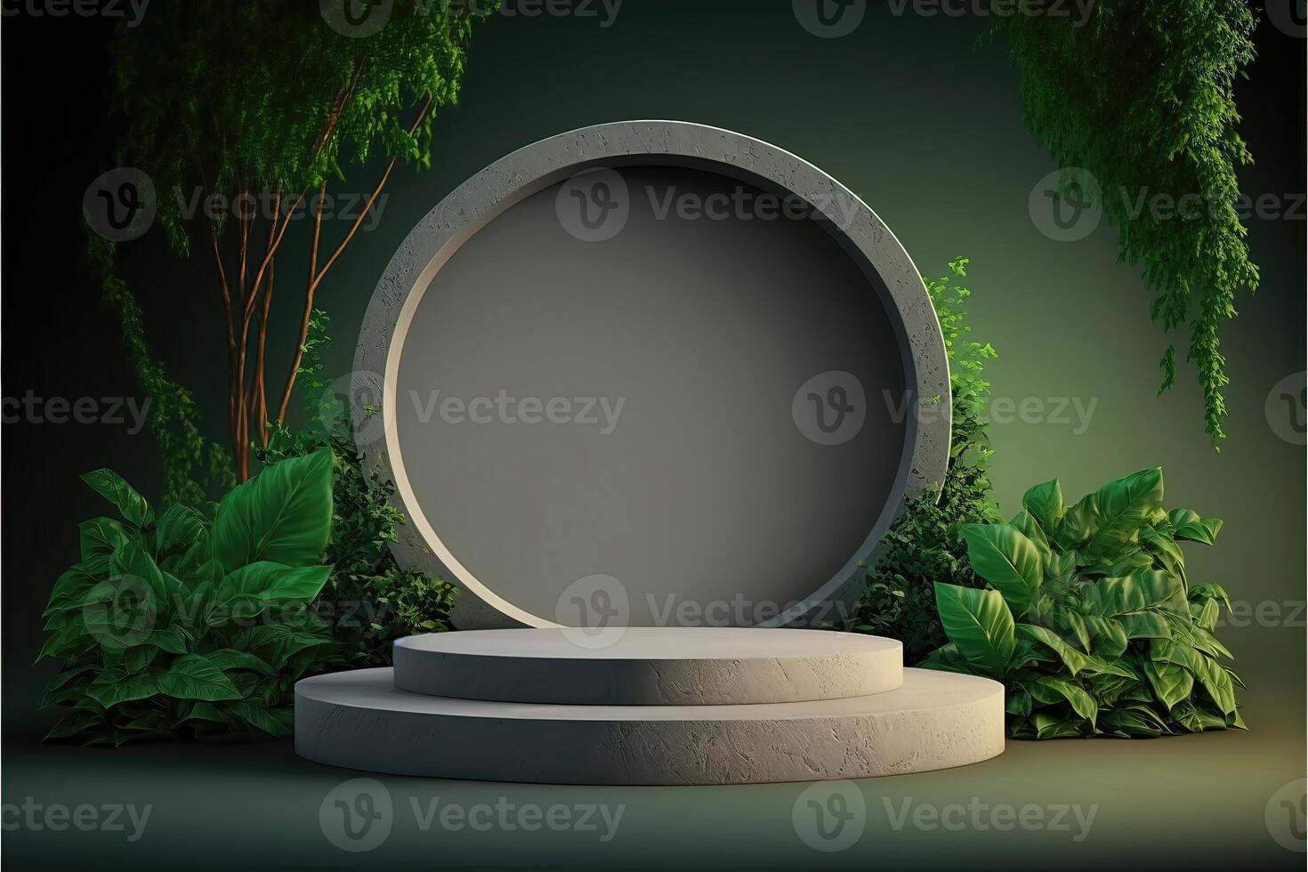 Natural stone and concrete podium in natural green background. Empty show for packaging product presentation. photo