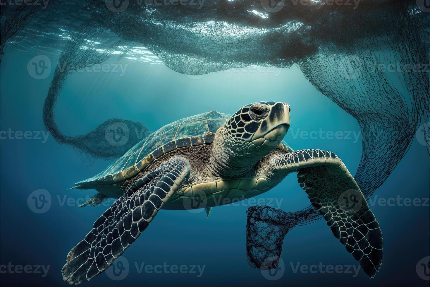 Sea turtle trapped by a net under the sea. photo