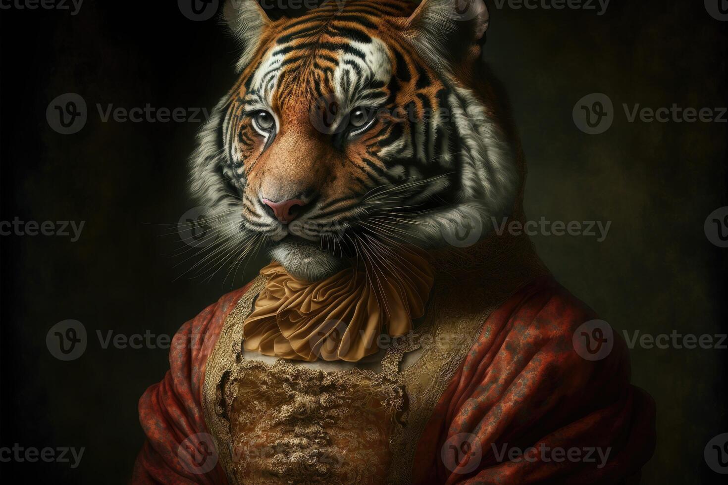 Portrait of tiger in a victorian dress. photo