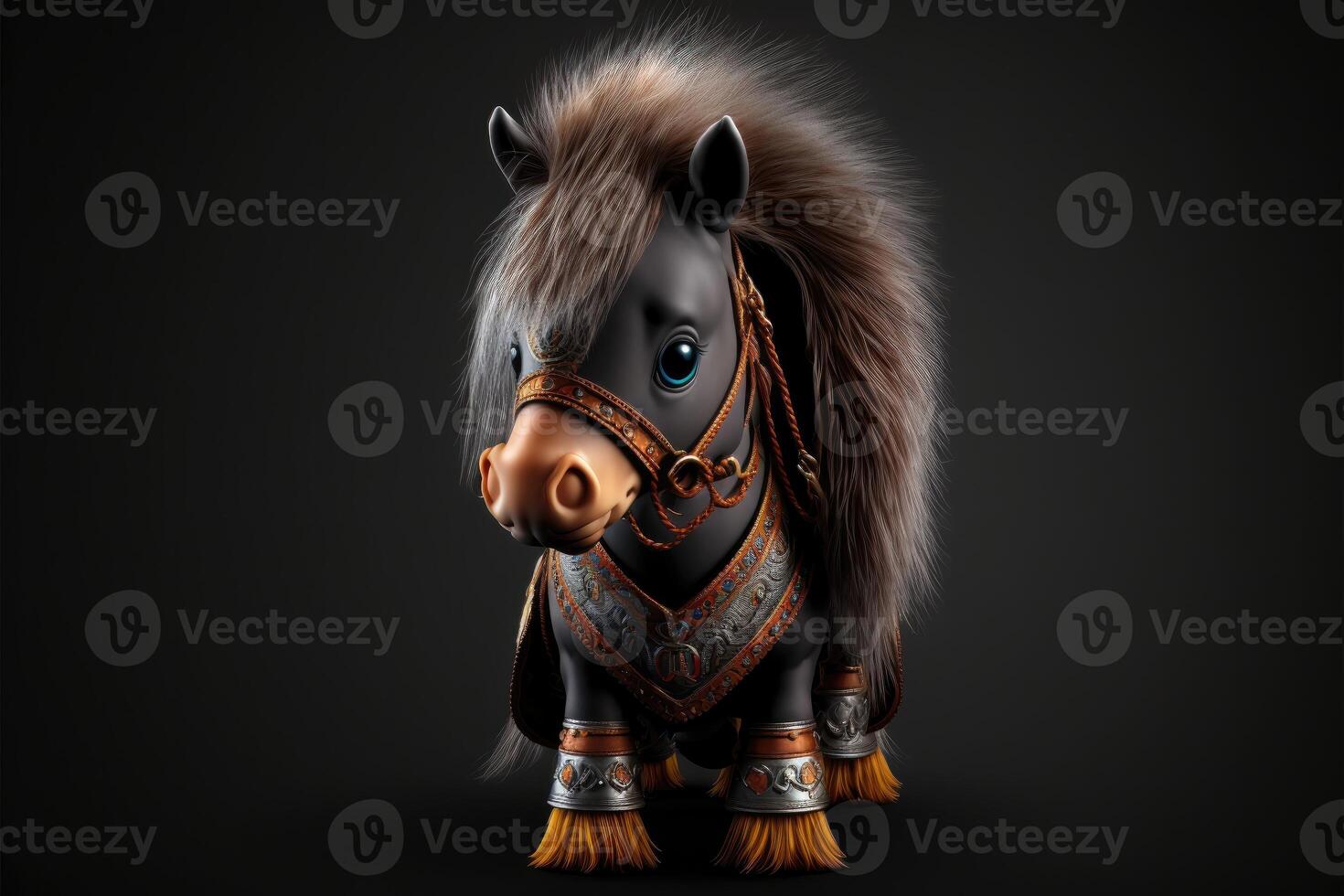 Cute horse in warrior mascot costume on black background. 12 Chinese zodiac signs horoscope concept. photo