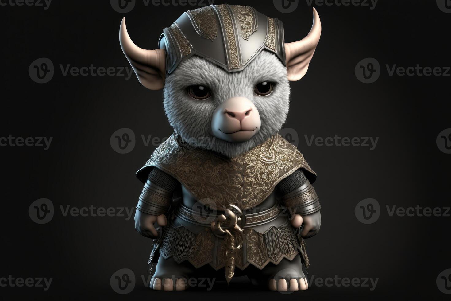 Cute goat in warrior mascot costume on black background. 12 Chinese zodiac signs horoscope concept. photo