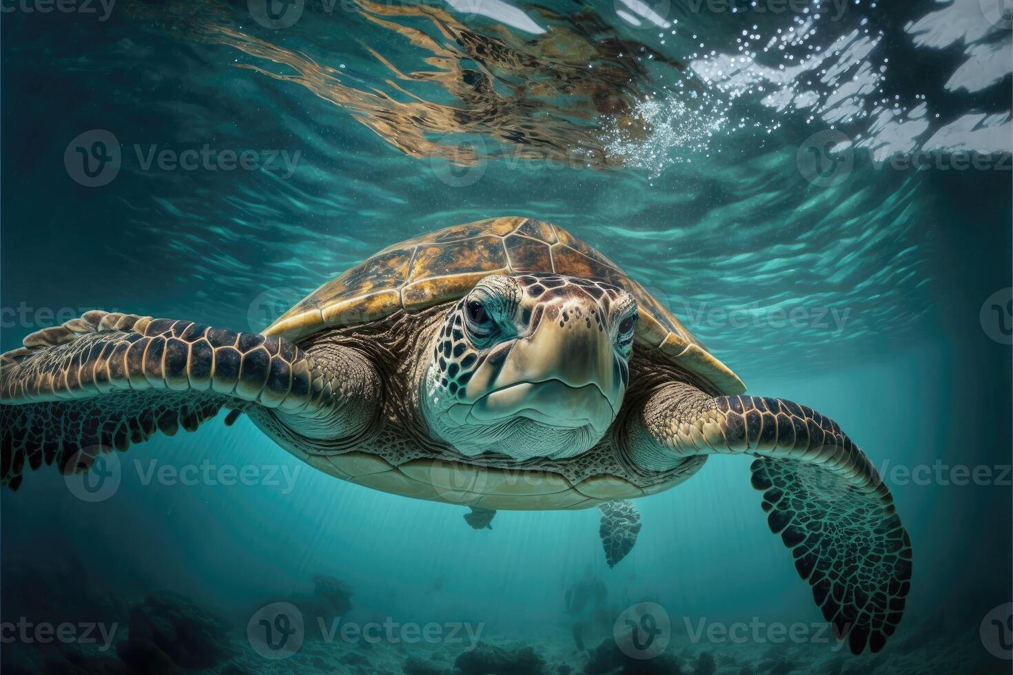 Turtle floats above the water. photo