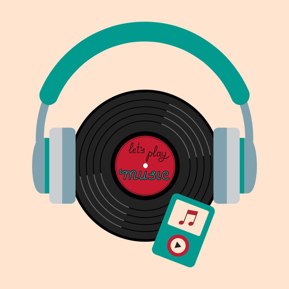 Lets Play Music Title On Vinyl Record In The Headphones With Player. Flat Style Vector Illustration