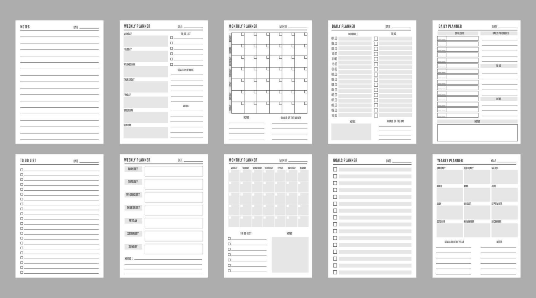 Planner page templates, week, month organizer page vector