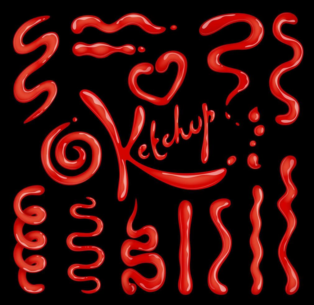 Ketchup stains, squeeze and splashes vector set