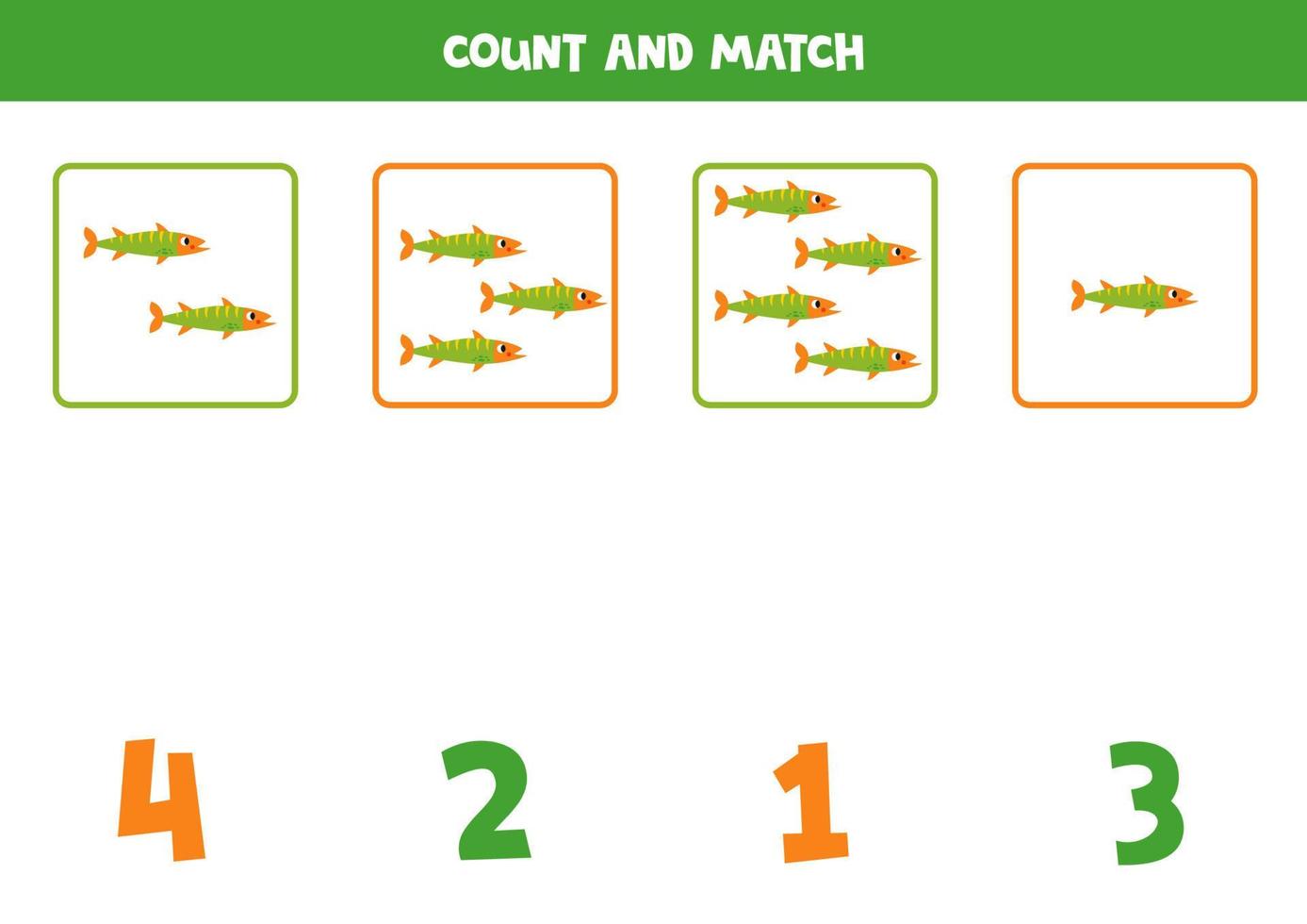 Counting game for kids. Count all barracuda fish and match with numbers. Worksheet for children. vector