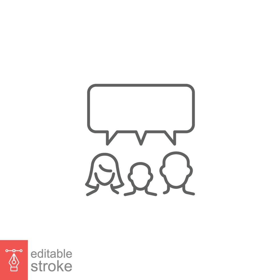 Family talk line icon. Discussion, conversation, speak, people, woman, man, children. Simple outline style. Vector illustration isolated on white background. Editable stroke EPS 10.