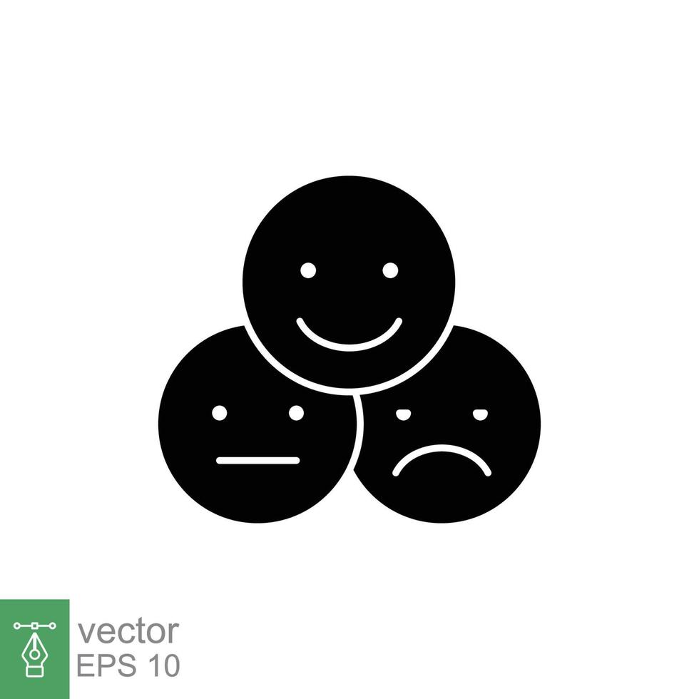 Face emoticon icon set. Positive, happy, smile, sad, unhappy faces pictogram. Simple solid style. Black silhouette, glyph symbol. Vector illustration isolated on white background. EPS 10.