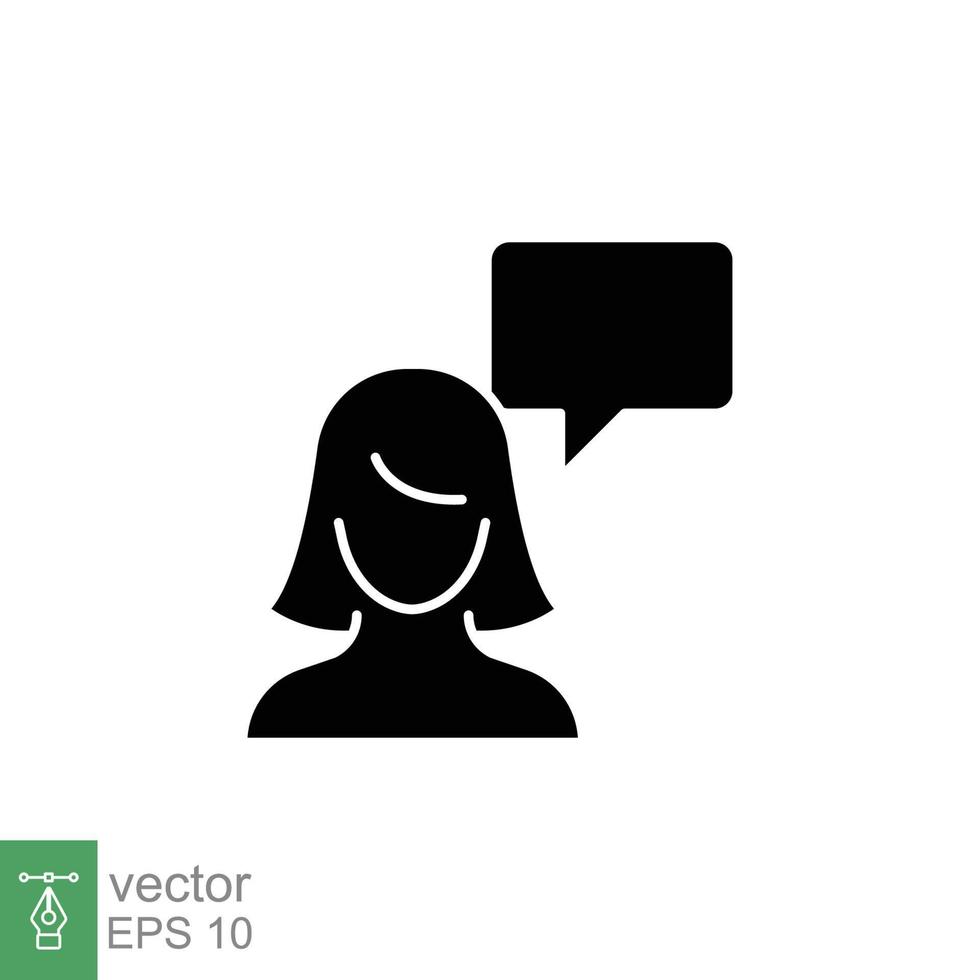 Women with bubble speech flat icon. Talk, chat, talking girl concept. Simple solid style. Black silhouette, glyph symbol. Vector illustration isolated on white background. EPS 10.