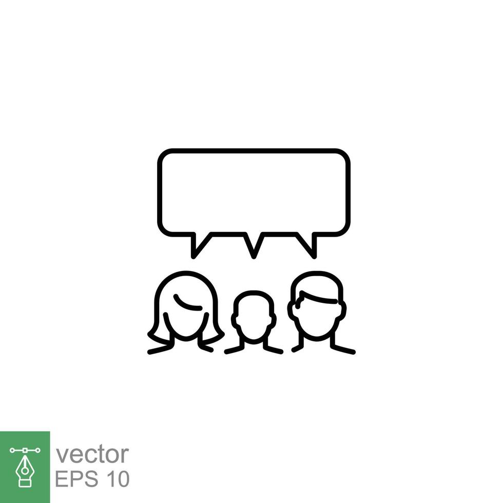 Family talk line icon. Discussion, conversation, speak, people, woman, man, children, communication concept. Simple outline style. Vector illustration isolated on white background. EPS 10.