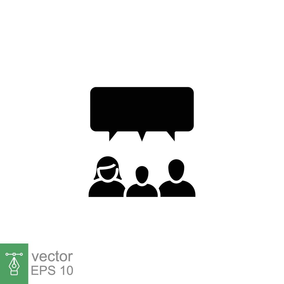 familia hablar plano icono. discusión, conversación, hablar, gente, mujer, hombre, niños. sencillo sólido estilo. negro silueta, glifo símbolo. vector ilustración aislado en blanco antecedentes. eps 10