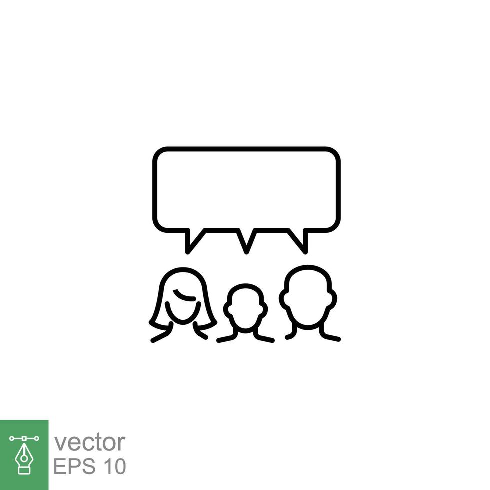 Family talk line icon. Discussion, conversation, speak, people, woman, man, children, communication concept. Simple outline style. Vector illustration isolated on white background. EPS 10.