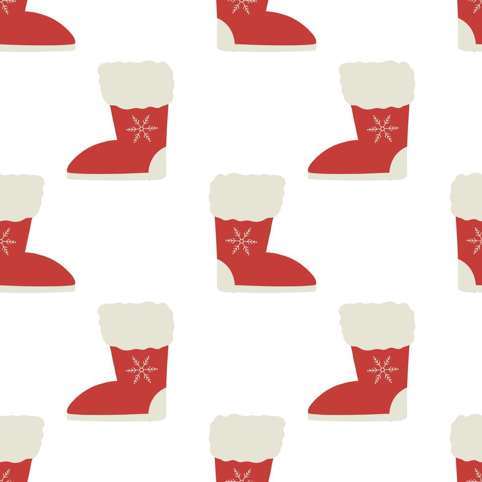 Warm red winter boots with snowflake. Christmas seamless pattern with funny doodle. vector