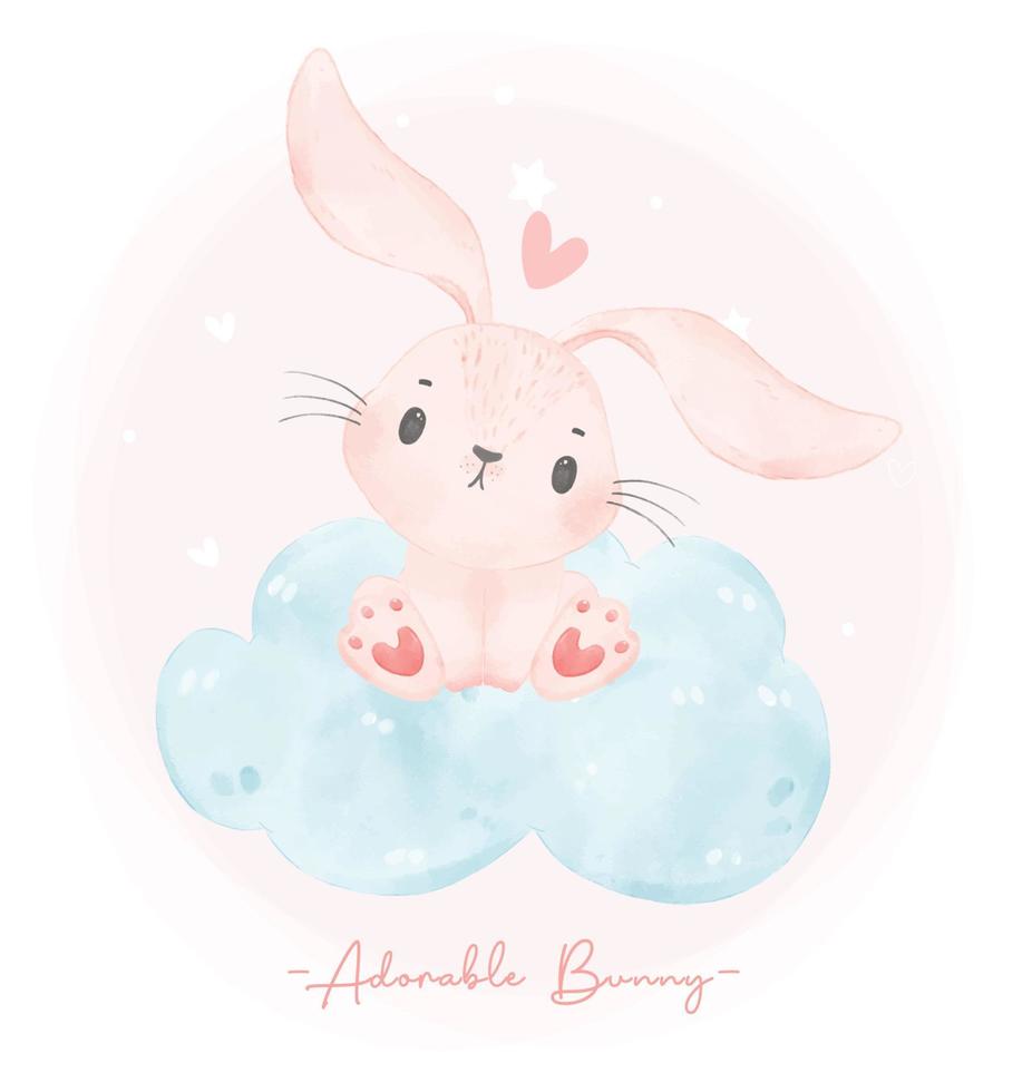 Adorable innocence whimsical pink baby bunny rabbit sits on soft blue cloud watercolor painting, nursery children animal hand drawn isolated on white background illustration vector
