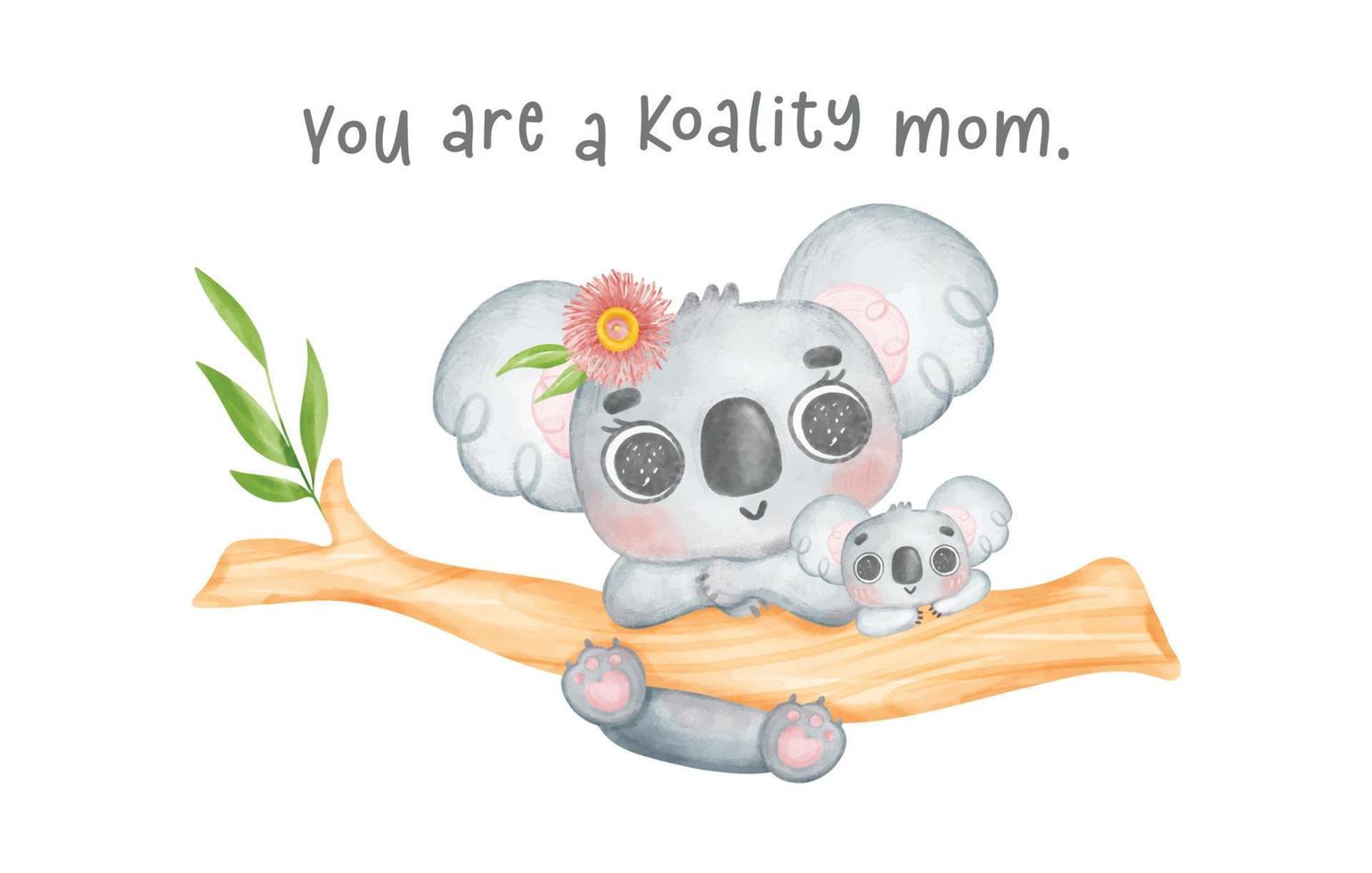 Adorable innocence Australia Koala mother and baby hanging on tree branch, Happy mother's day whimsical nursery watercolour animal cartoon hand painting vector