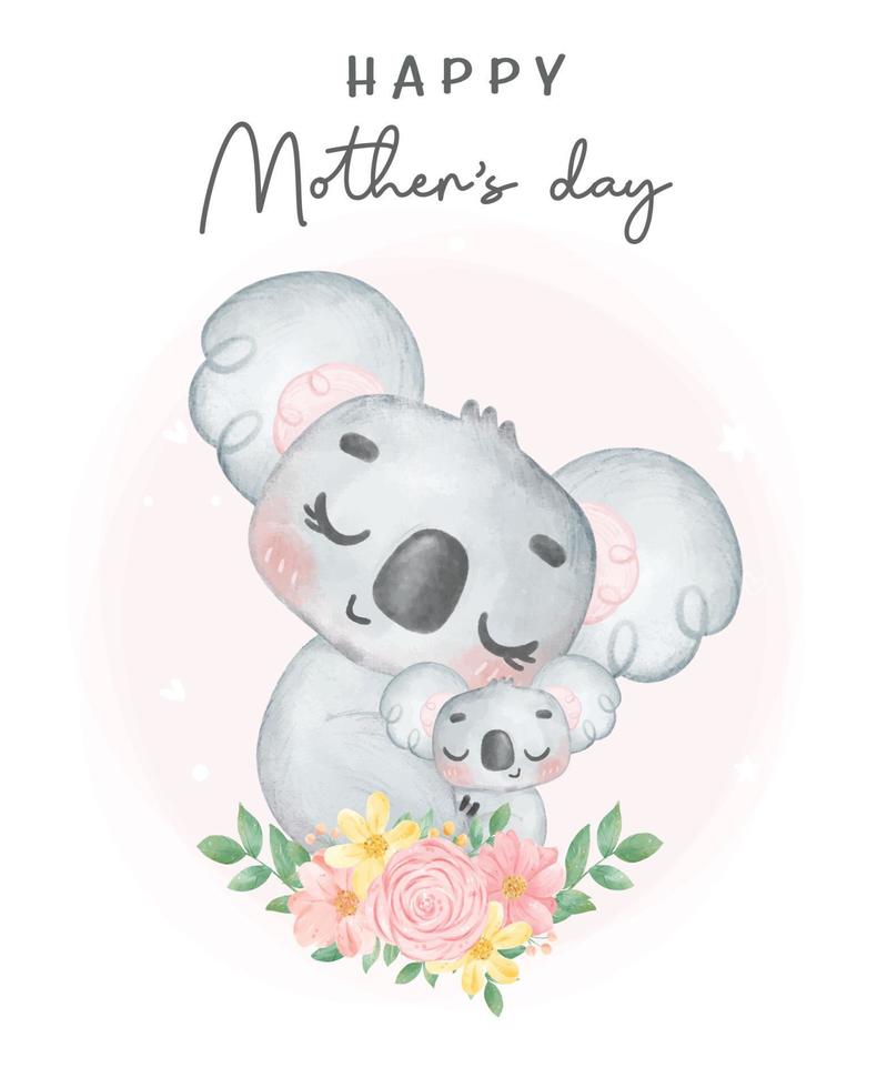 Adorable innocence Australia Koala mother and baby sleeping and hugging with flower wreath, Happy mother's day whimsical nursery watercolour animal cartoon hand painting vector