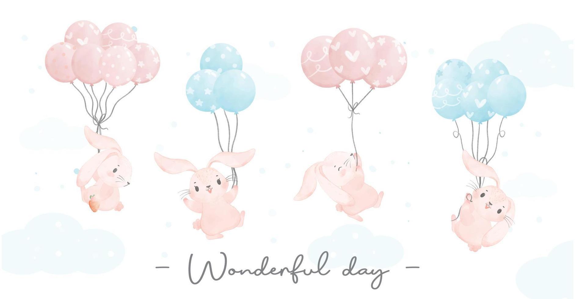 Adorable whimsical happy baby pink bunny rabbit flying with balloons nursery children watercolour hand painting banner vector