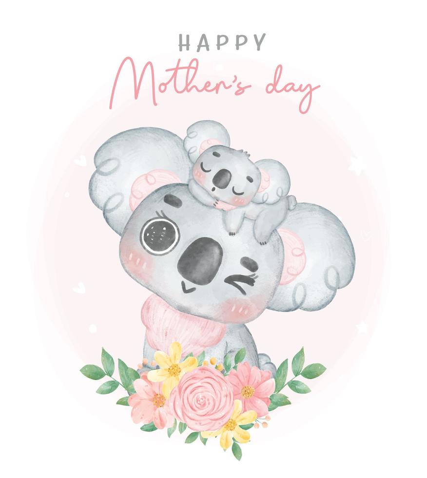 Adorable innocence Australia baby Koala sleeping on mother head with flower wreath, Happy mother's day whimsical nursery watercolour animal cartoon hand painting vector