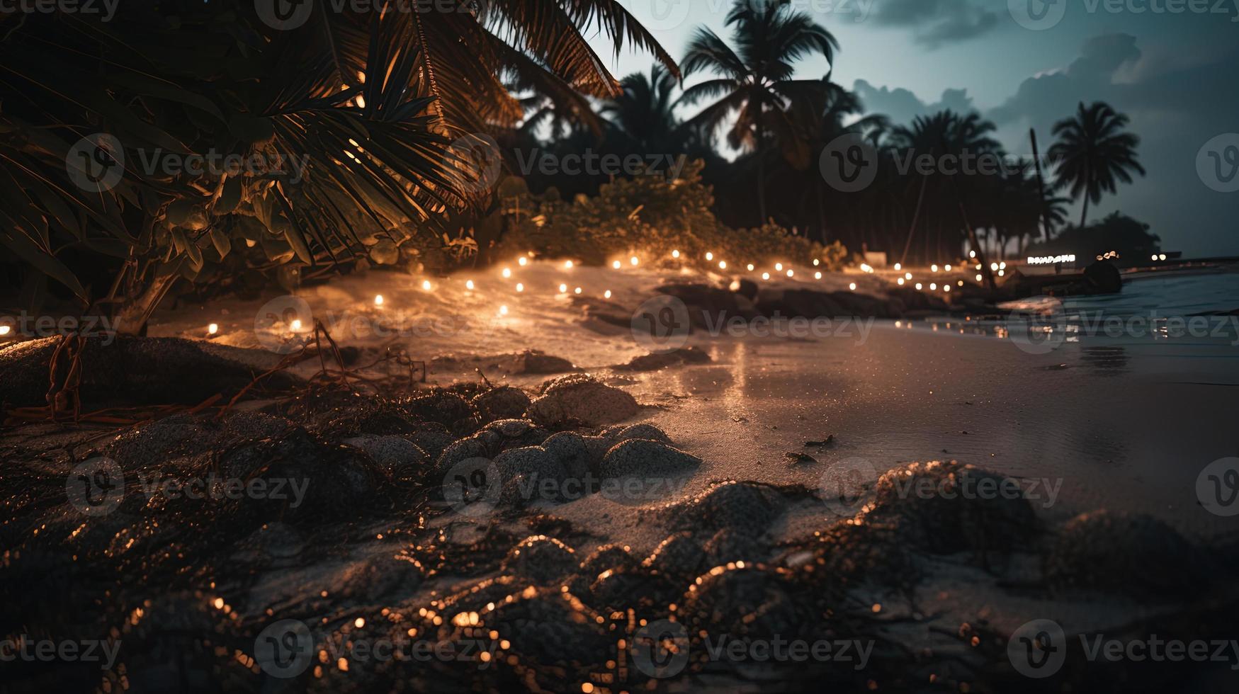 Tropical beach with palm trees and sand dunes at sunset,blue sea photo