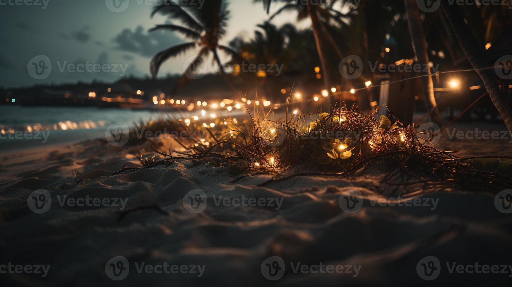 Tropical beach with palm trees and sand dunes at sunset,blue sea photo