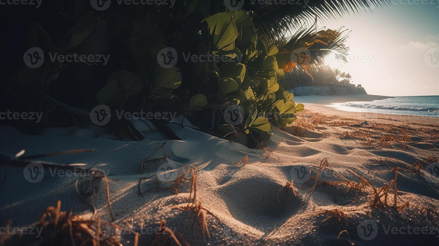Tropical beach with palm trees and sand dunes at sunset,blue sea photo