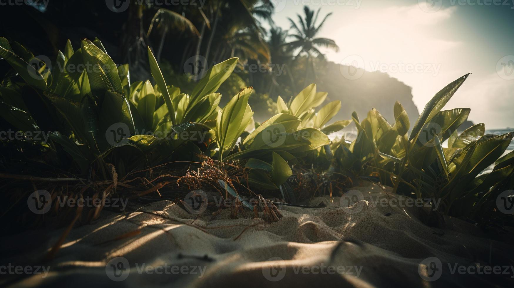 Tropical beach with palm trees and sand dunes at sunset,blue sea photo