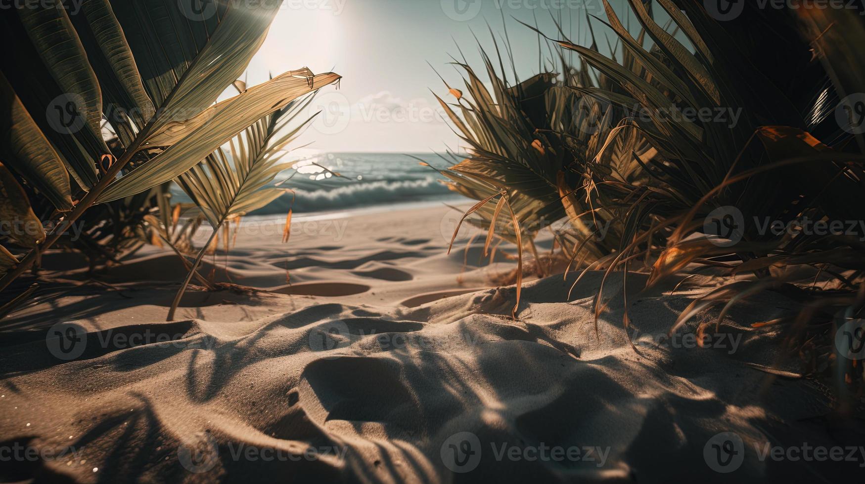 Tropical beach with palm trees and sand dunes at sunset,blue sea photo