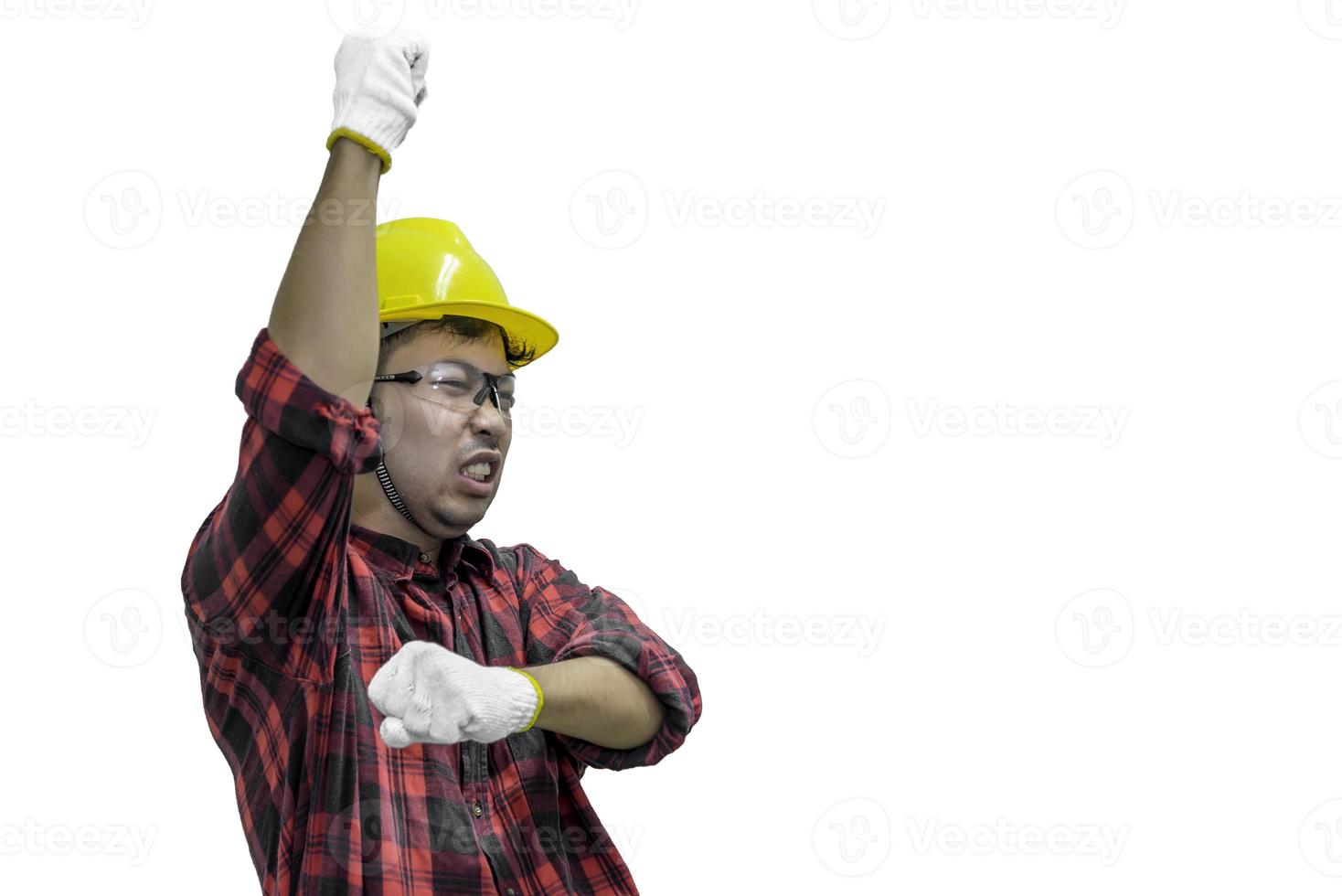 Technician wear helmet with Wrench in hand isolate on white background,Thailand people,Labor day concept photo