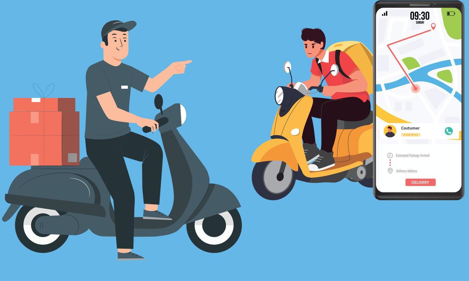 entrega habla a concepto ilustración, entrega hombre y teléfono inteligente seguimiento, rápido y gratis entrega por scooter Perfecto para aterrizaje página vector