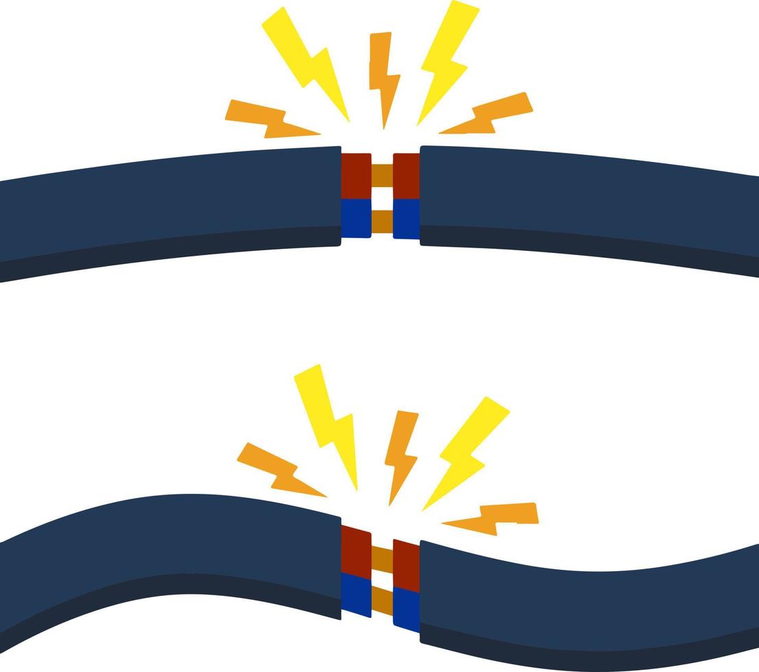 Electrical circuit. Shock, red lightning and yellow sparks from the outlet. Connector and plug. System overload. The problem with the appliance. Fire situation with smoke and safety. vector