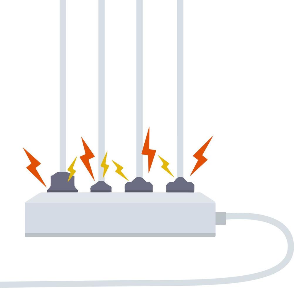 circuito eléctrico. choque, relámpagos rojos y chispas amarillas de la salida. conector y enchufe. sistema sobrecargado. el problema con el aparato. situación de incendio con humo y seguridad. vector