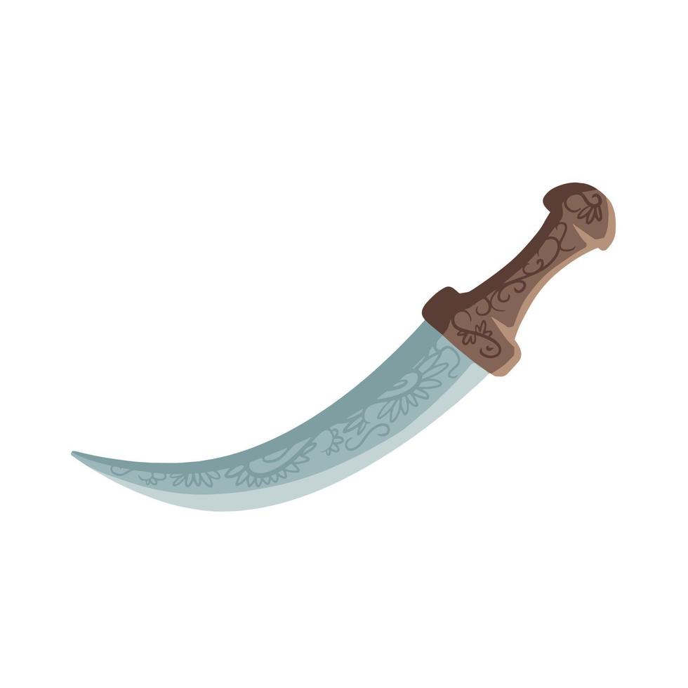Arab dagger with curved blade. Omani culture and weapons. Yemeni knife with ornament. Flat illustration isolated on white. vector