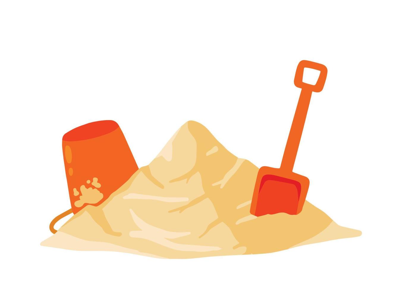 Orange bucket and scoop with pile of sand. Children play on beach. Shovel of kids. Summer holiday. Recreation and entertainment. Cartoon flat illustration vector