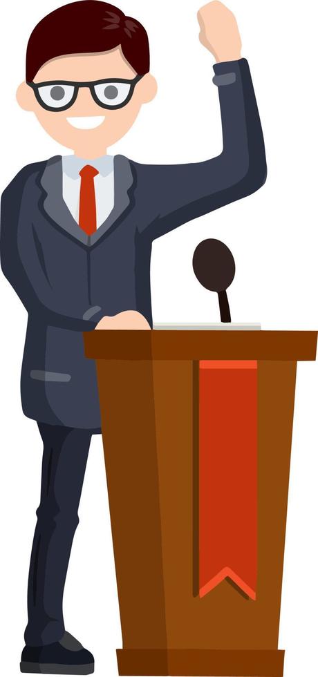 Presidential election. Man politician stand behind the podium. Male speech. Lecturer in a suit. Cartoon flat illustration. Blue candidate. Debate and discussion vector