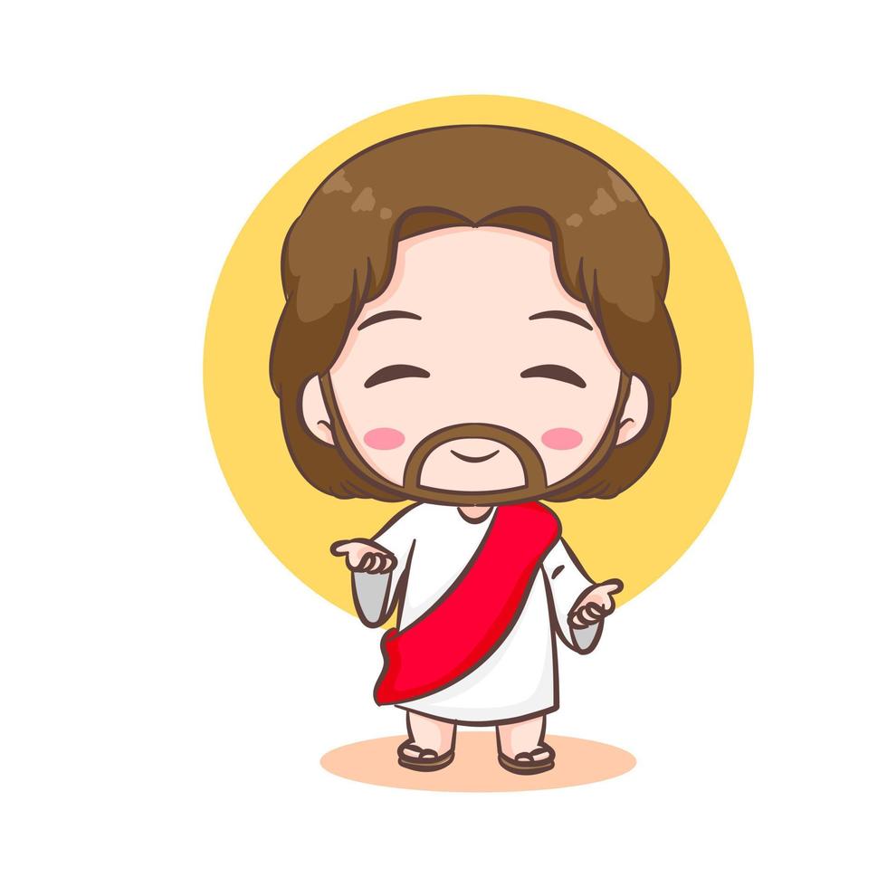 lindo personaje de dibujos animados de jesucristo. personaje chibi dibujado a mano, imágenes prediseñadas, pegatina, fondo blanco aislado. biblia cristiana para niños. mascota logotipo icono vector arte ilustración